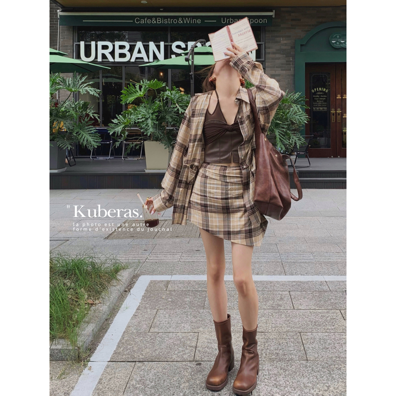 KUBERAS du家设计 复古可脱卸超薄棉麻格纹衬衫不规则半裙裤套装