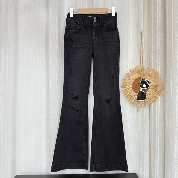 5651高腰高弹破洞喇叭修身显瘦弹力微喇黑色牛仔裤