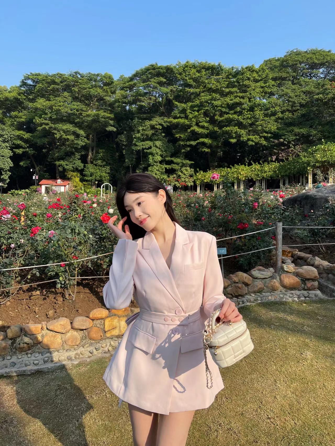 【石潇潇STUDIO】粉色西装外套春季新款轻熟风蝴蝶结收腰气质上衣女