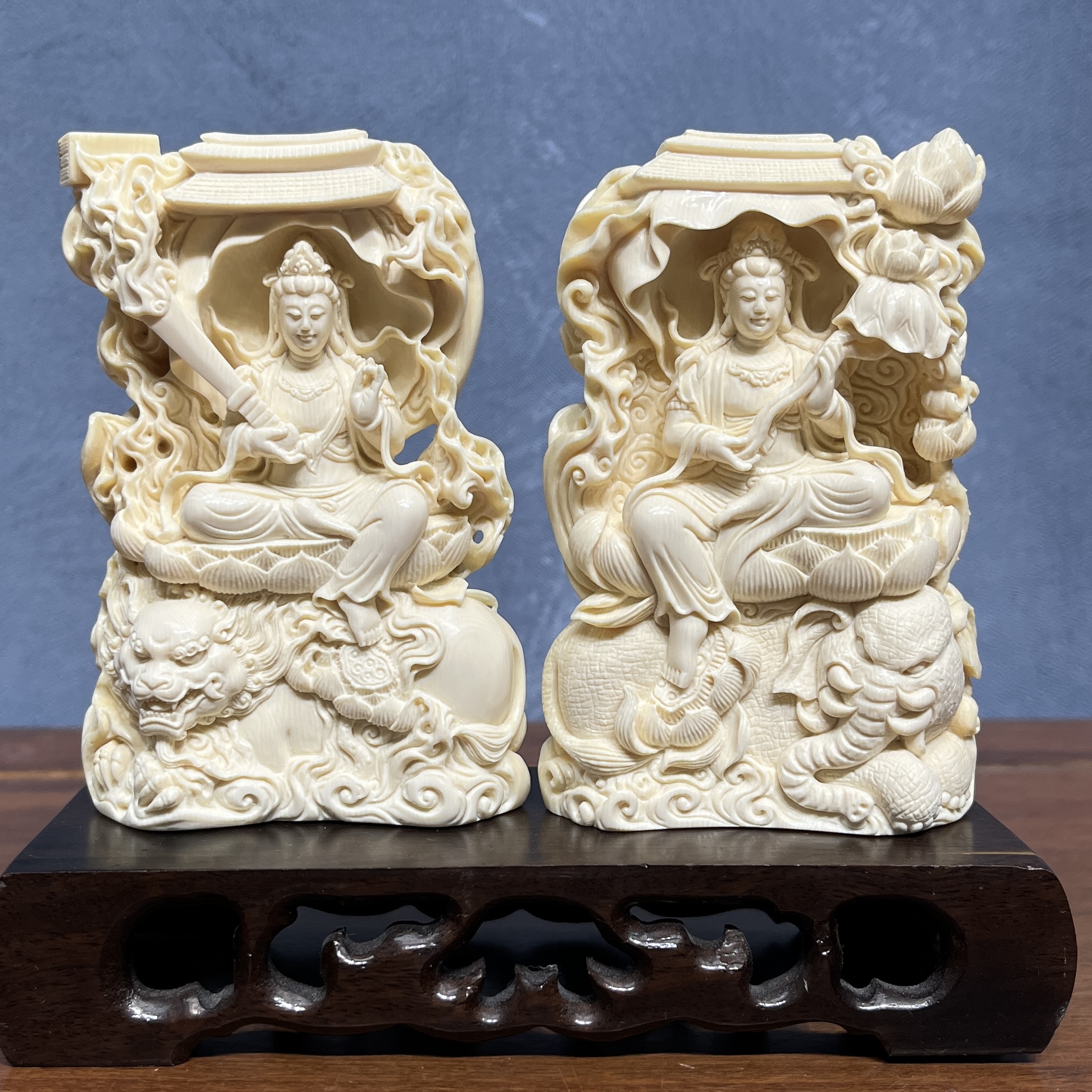 DEZHI/德志【文殊普贤对摆】大师重工满雕红皮双面猛犸摆件收藏臻品
