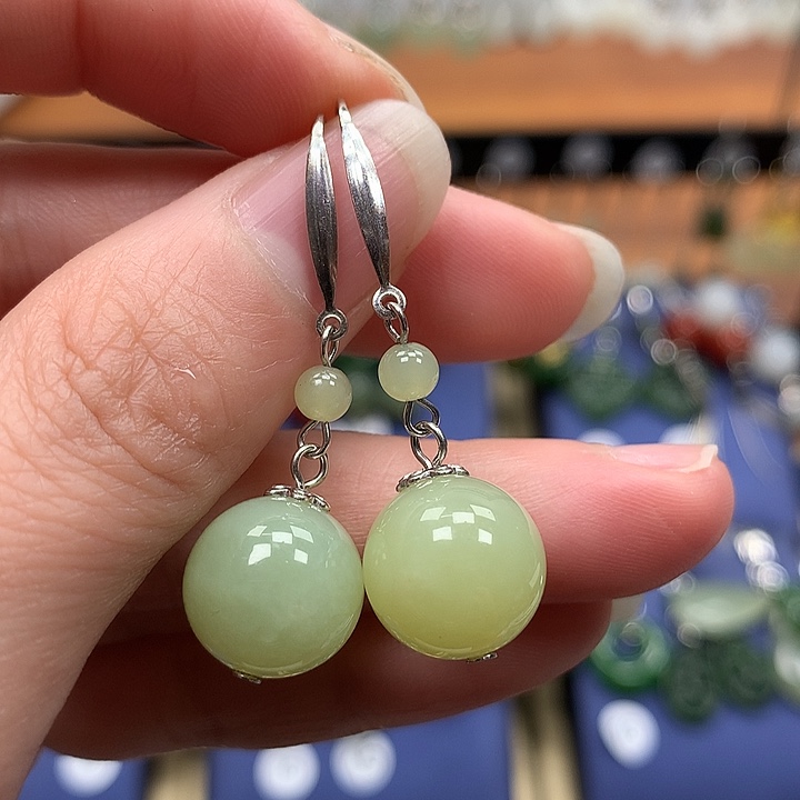 和田玉银S925镶嵌耳饰12左右黄口