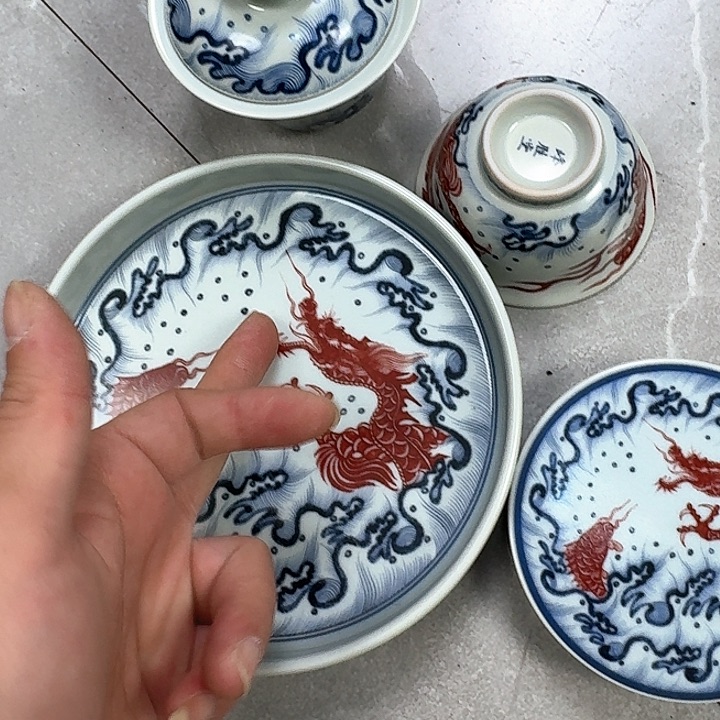 瓷片釉里红鱼化龙4件套景德镇