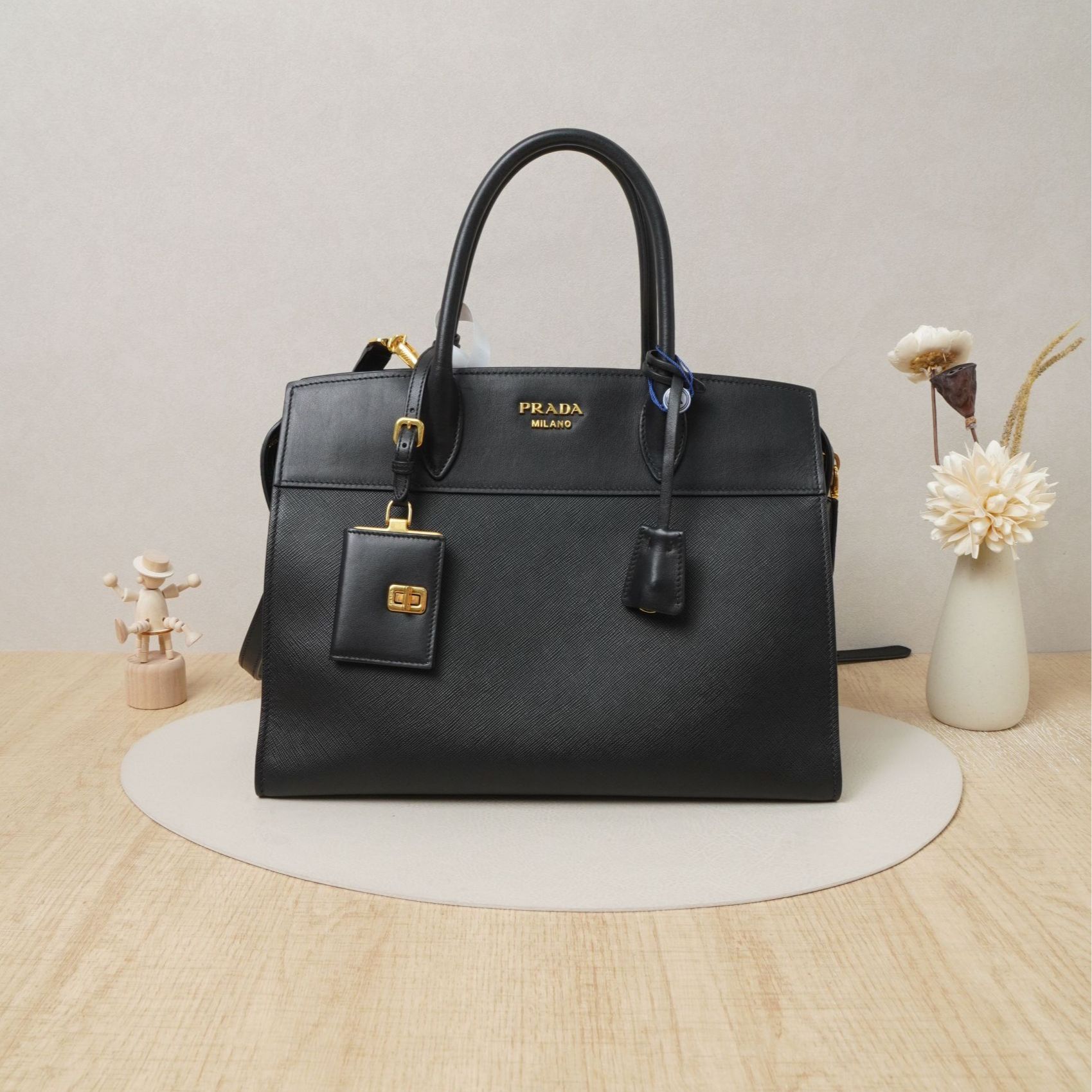 95新 Prada/普拉达  esplanade手提风琴大号黑金牛皮/DS034411