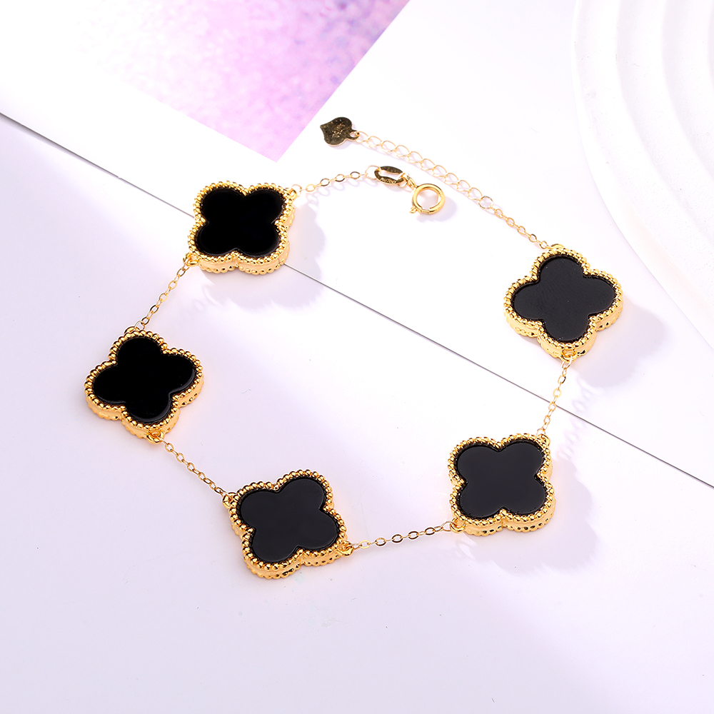 【金金专属】18K金黑玛瑙10mm四叶【重金版】手链 百搭经典