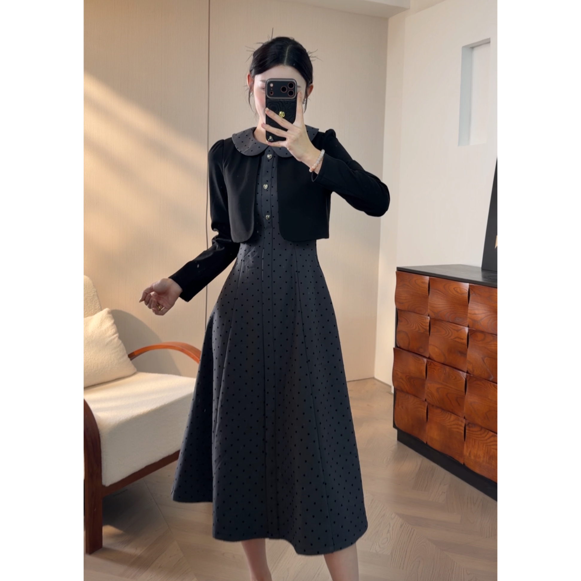 2025年冬季新款polo领波点假两件简约百搭显瘦设计减龄连衣裙C098