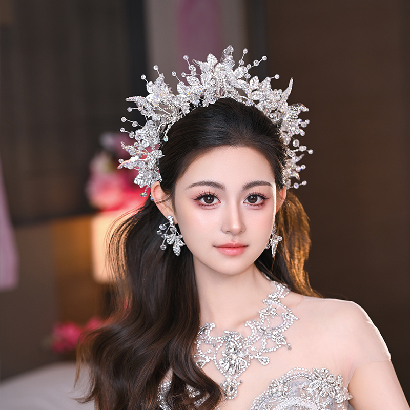 合金仿水晶婚庆饰品 00905新娘头饰手工重工华丽水晶花朵蝴蝶头饰