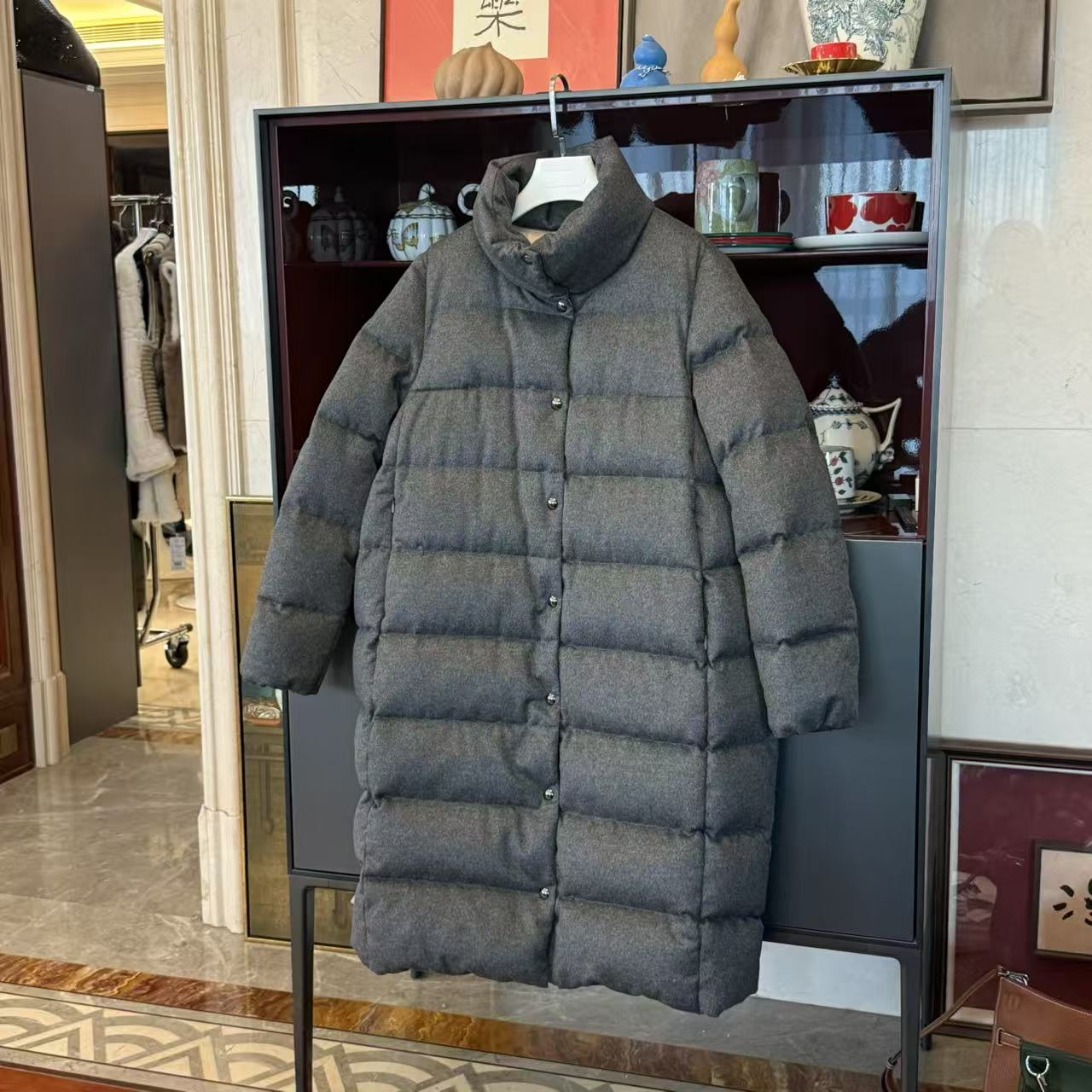 MYL 2025秋冬新品丝绒混纺灰色90鹅绒羽绒服立领长袖中长款外套