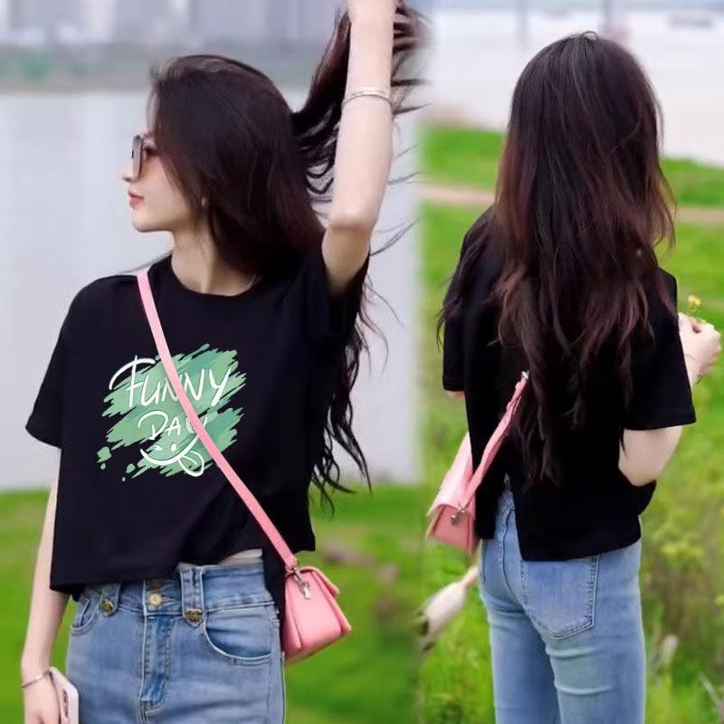 夏季新款时尚圆领后背开叉短袖T恤女百搭设计感洋气显瘦上衣