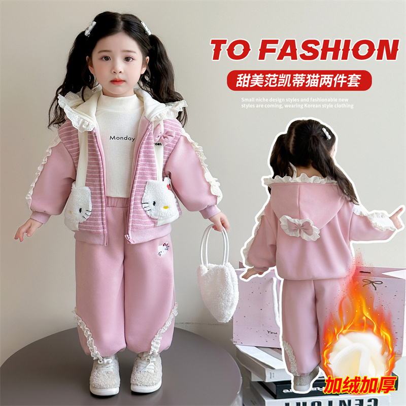 女童加绒加厚口袋小猫套装秋冬2025新款洋气女孩时髦保暖两件套潮