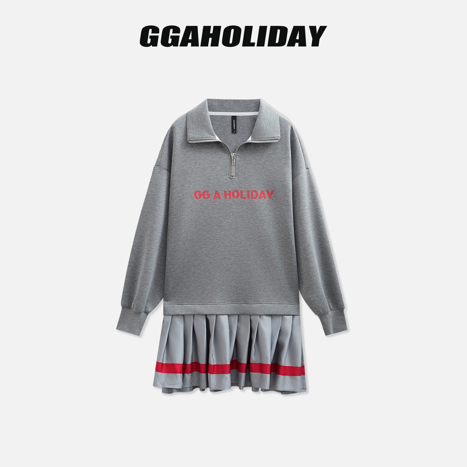 【上新】GGAHOLIDAY秋季时尚学院风翻领假两件拼卫衣连衣裙-153241