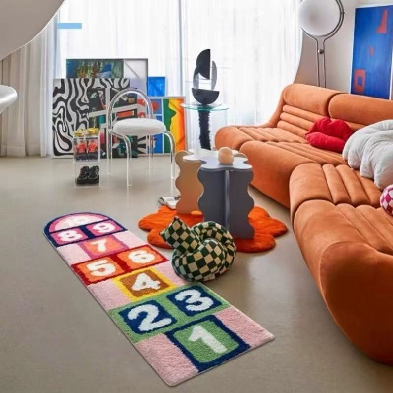 儿童趣味卡通簇绒地毯跳房子游戏卧室床边地垫50*180cm