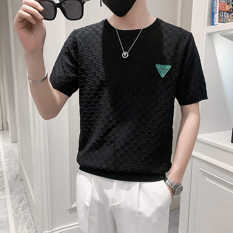 3351撞色圆领短袖毛衣男时尚针织毛衫夏季新款打底衫半袖