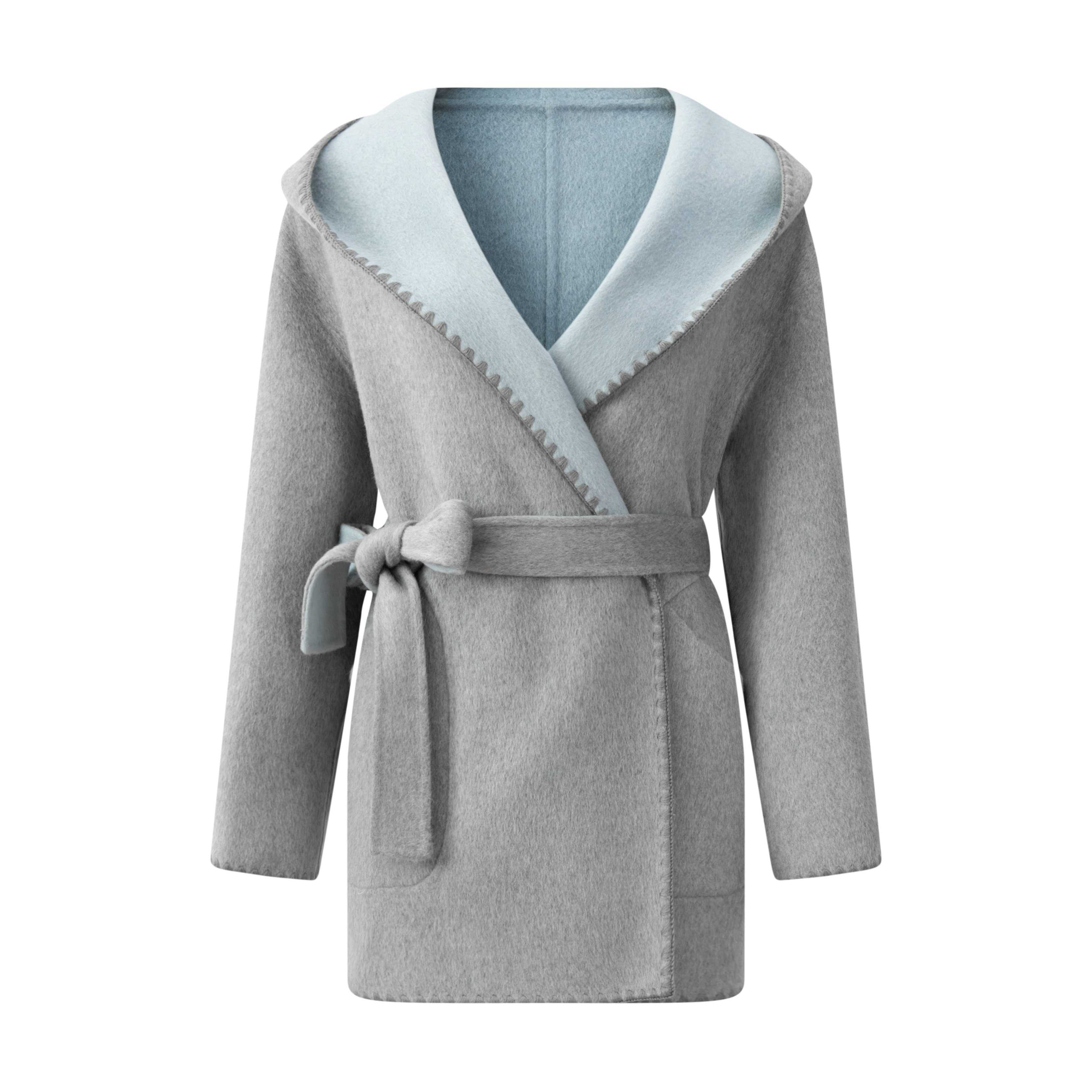 【绵羊毛+羊驼毛】双面刺绣浴袍款时尚韩版冬季宽松腰带款羊毛大衣