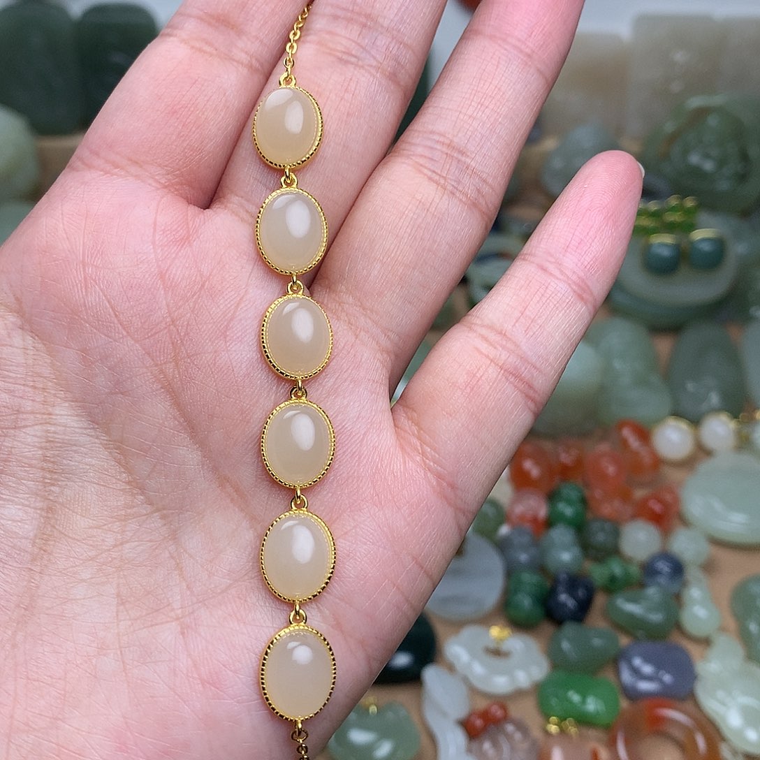 和田玉手链银S925镀金镶嵌