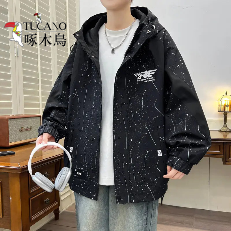 啄木鸟春秋季新款青少年男士夹克港风潮流连帽百搭宽松休闲外套男