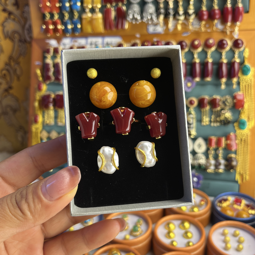 合金亚克力项链 耳钉戒指五件套装