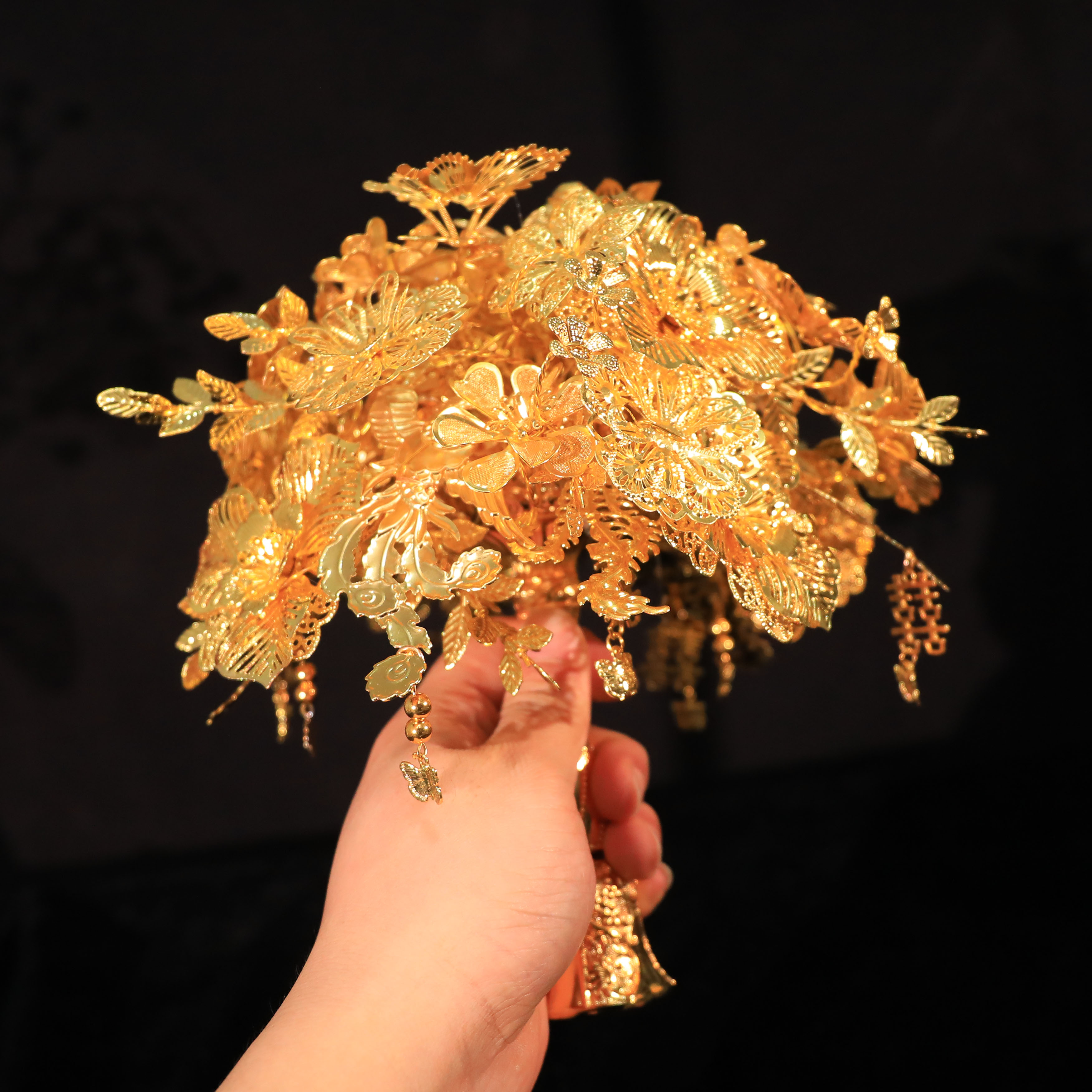 新款成品团扇黄金手捧花DIY材料包送礼送闺蜜中式婚礼