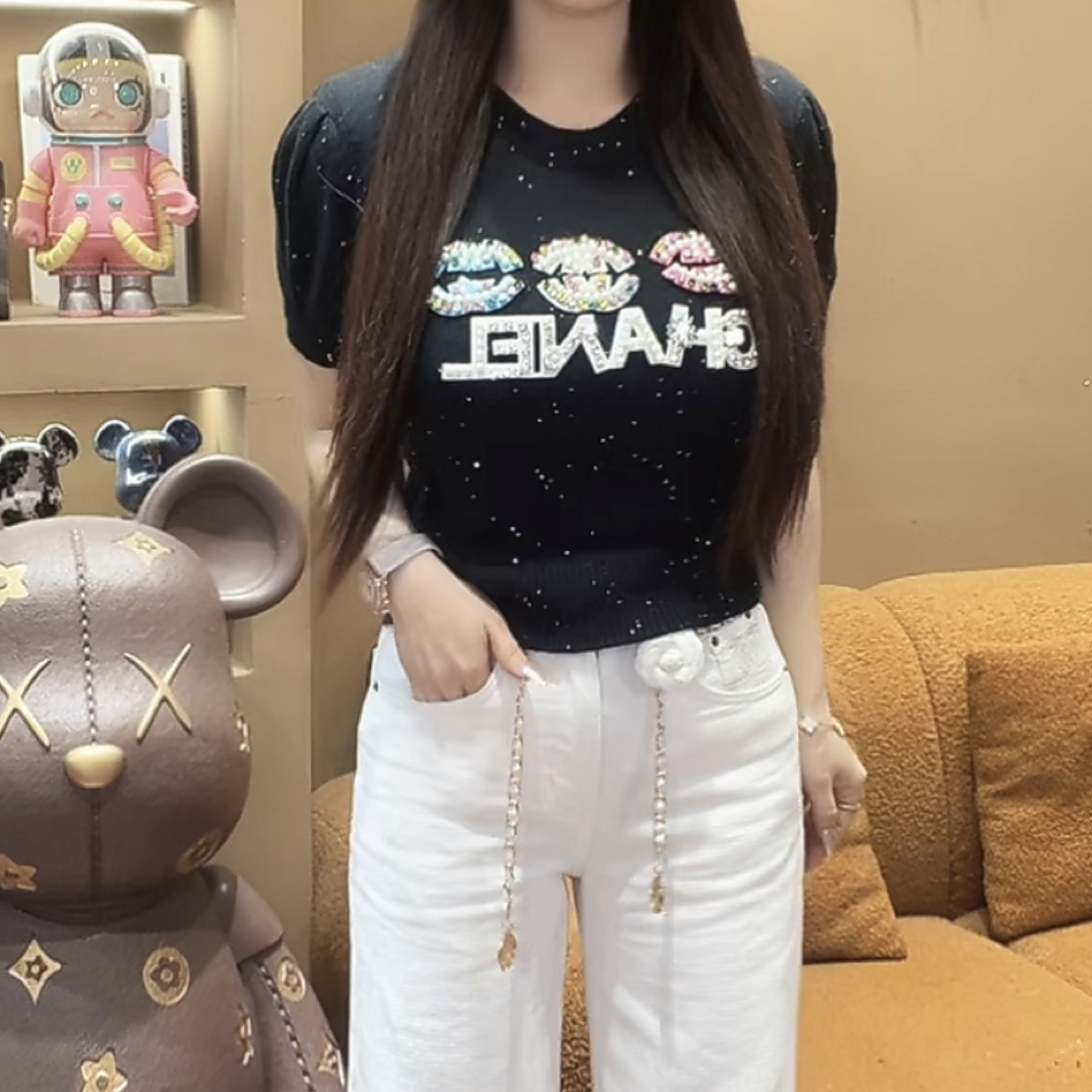 婷子-VIP•家定制款高货亮片珍珠针织短袖