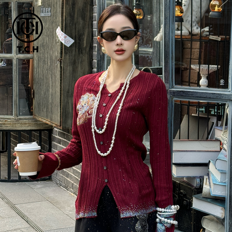 TCH私服烫钻工艺时尚百搭卡通开衫毛针织衫女T72C09E5235轻奢tch