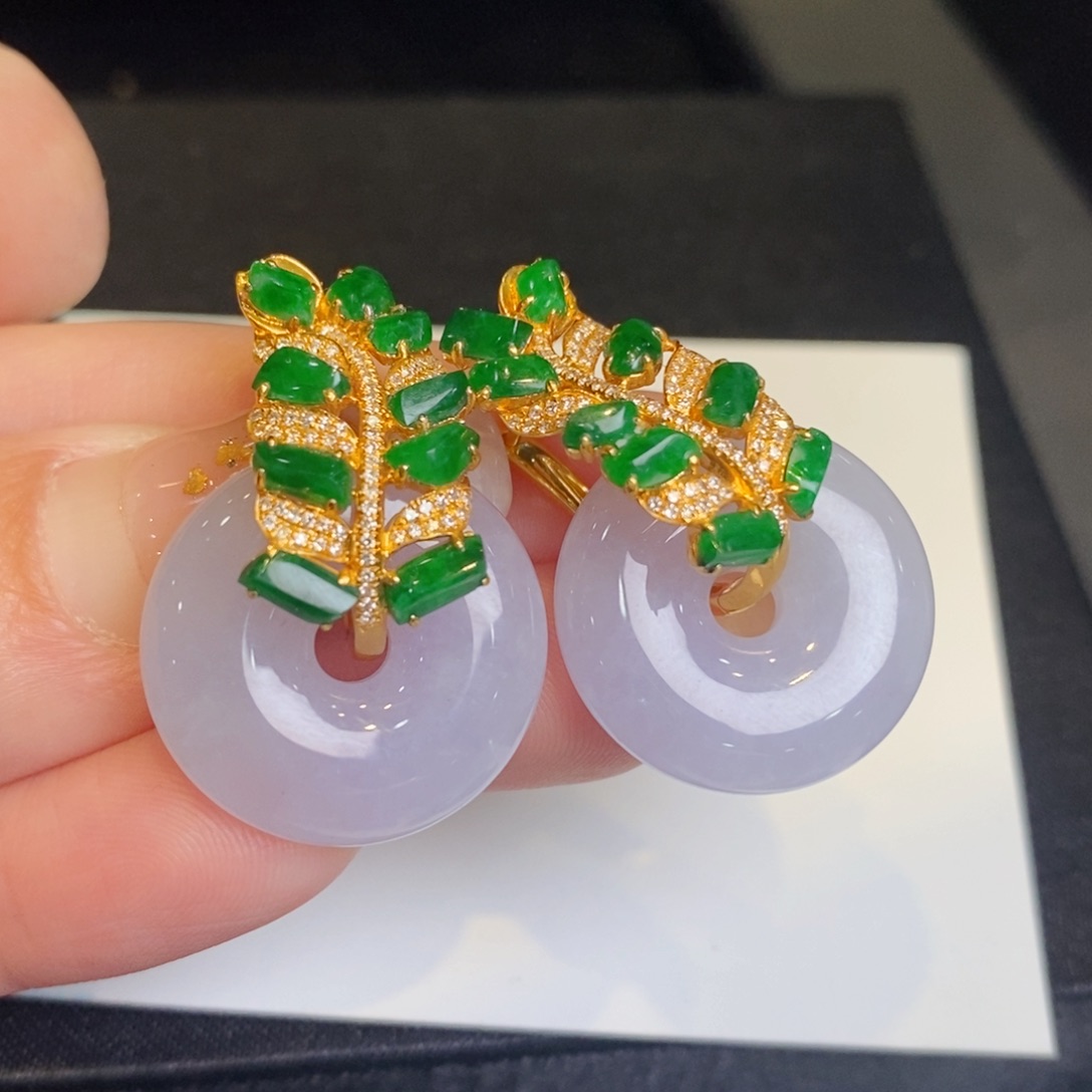 翡翠耳饰18K金镶嵌冰紫甜甜圈➕随形麦穗耳扣