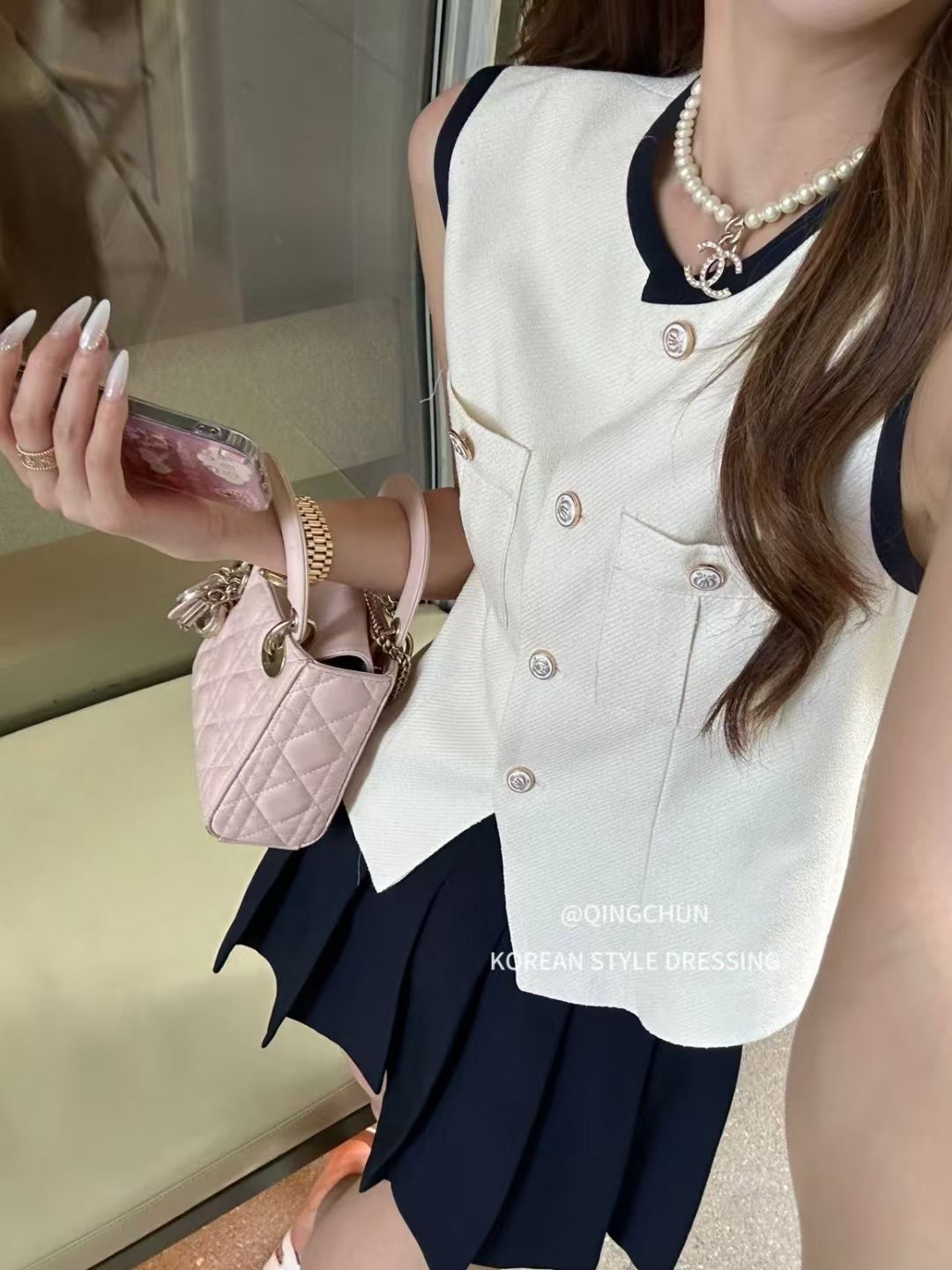小香风名媛口袋撞色无袖马甲与百褶裙套装