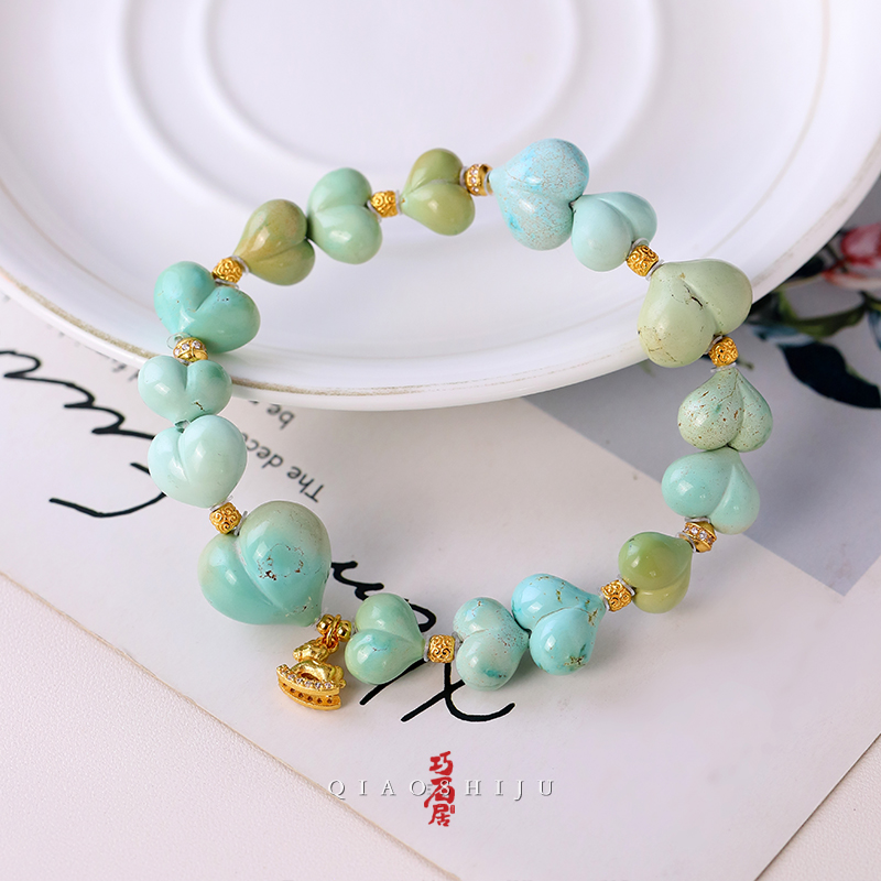 巧石居天然原矿绿松石爱心屁桃单圈 编号70052