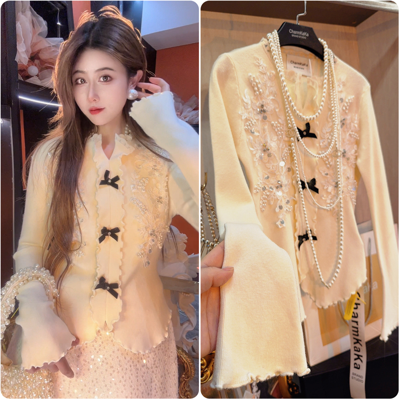 【逢月吹醉】63715蝴蝶结立体花朵木耳边针织衫大码胖MM