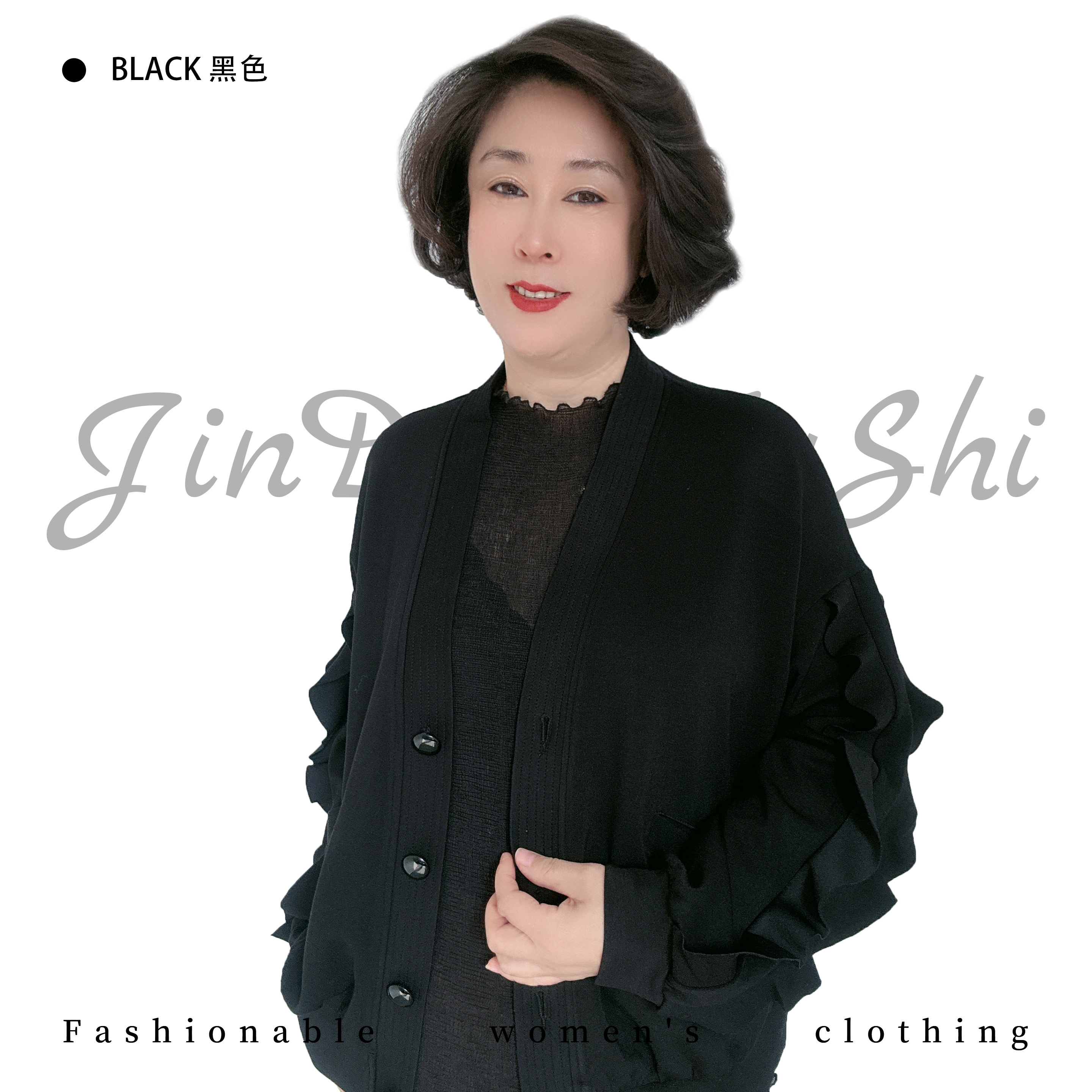 设计感拼接V领纯色短外套 中年妈妈气质大码休闲外搭3842