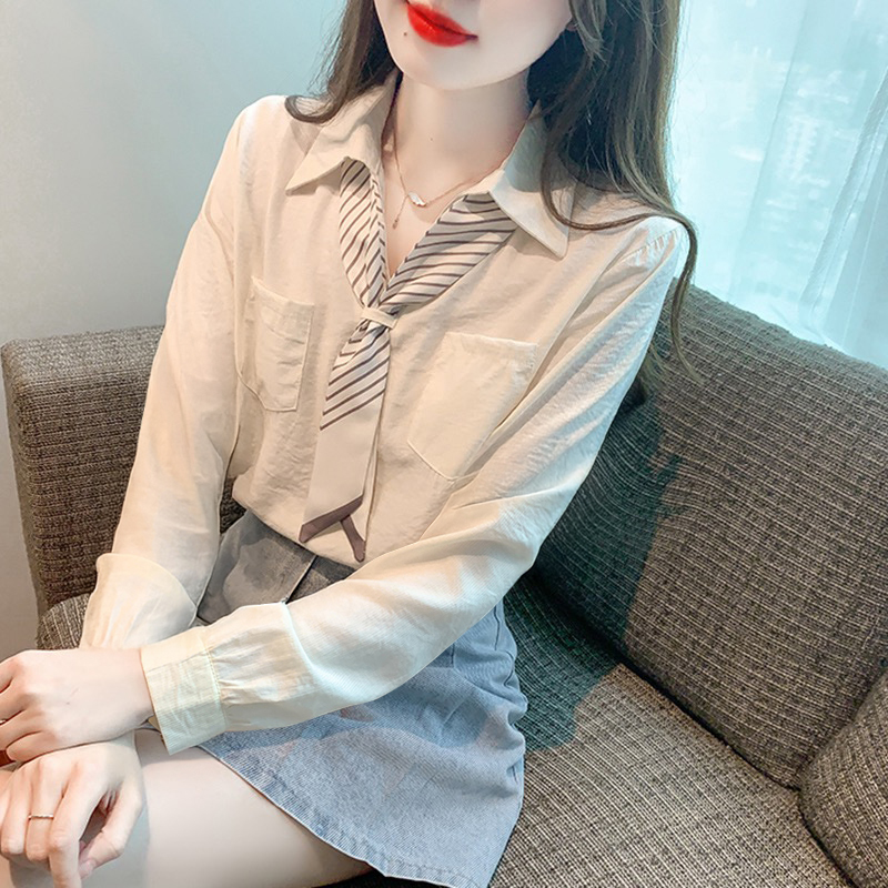 杏色长袖衬衫女秋季新款polo领衬衣宽松设计感小众上衣【1305】