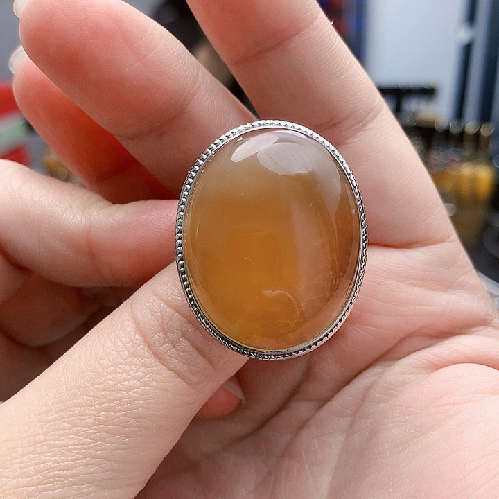 琥珀裸石银S925镶嵌蒲*戒指