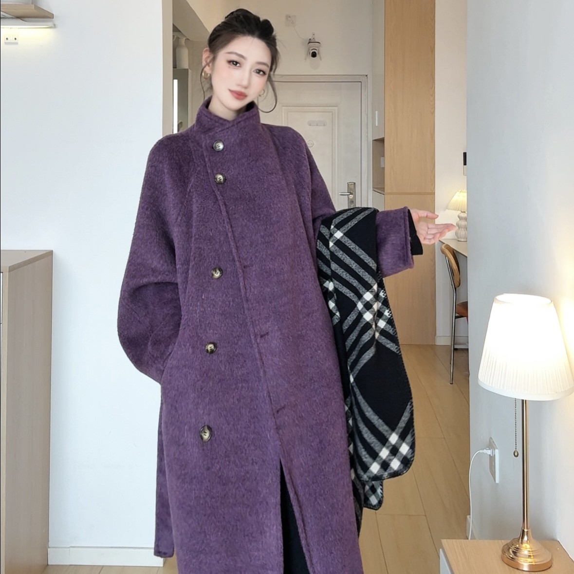 【莉拉来了】最新立领秋冬双面呢百搭长款毛呢外套