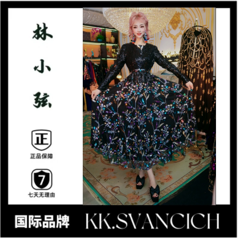 778大摆拼色长袖连衣裙贵妇优雅连衣裙长款V领设计师复古国风