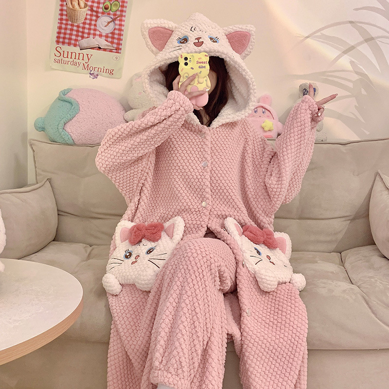 春季冬季睡衣女长毛绒袍套开衫连帽宽松睡衣睡衣女款爆款2025新款