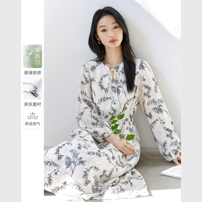 M梵希蔓莱赛尔印花设计长袖连衣裙女收腰显瘦气质长裙A0735