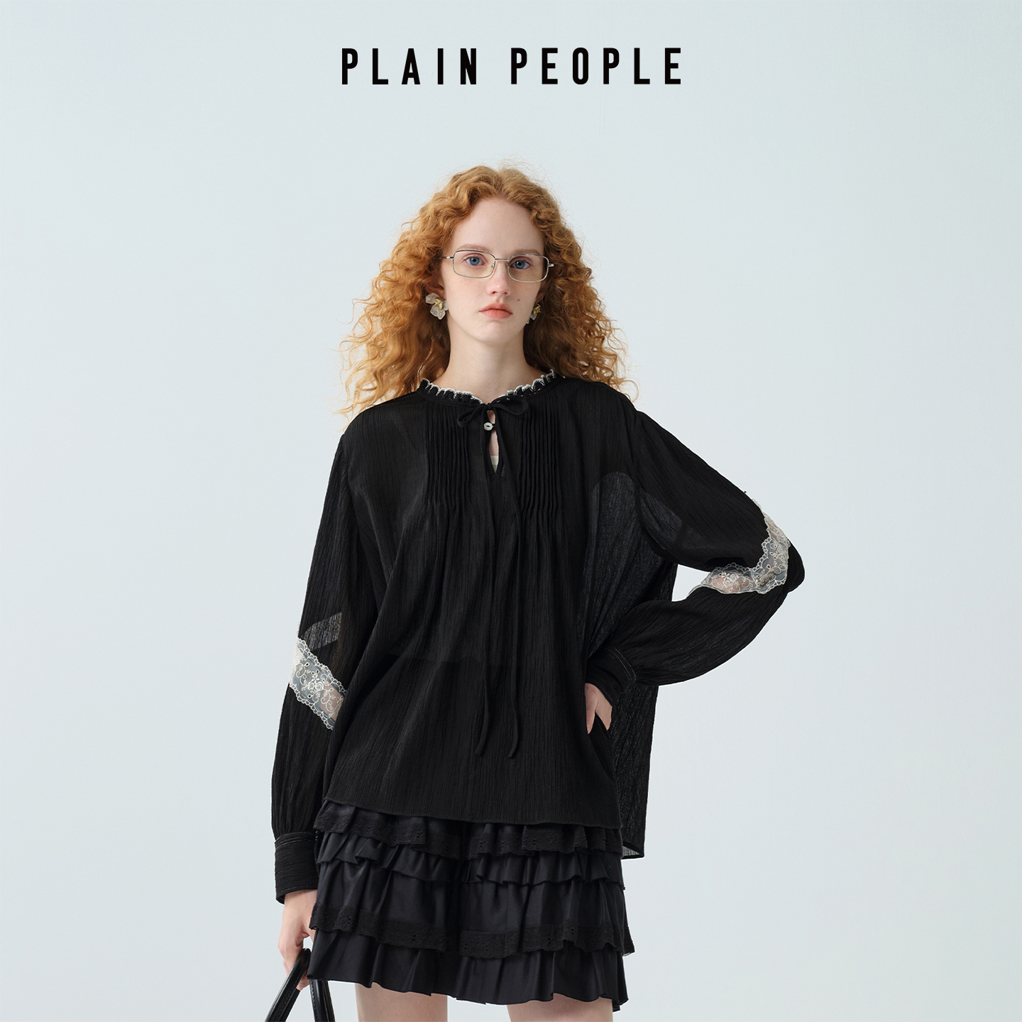 plainpeople法式浪漫系带绣花织带拼接衬衫黑色25秋新款DJ0203D31