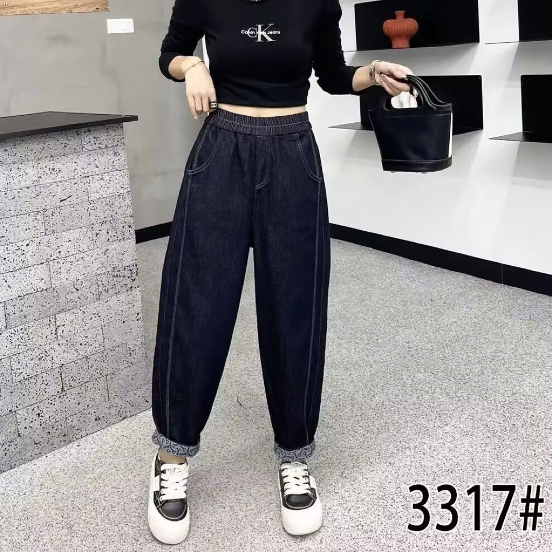 3317春秋款休闲宽松大码显高显瘦百搭哈伦牛仔女裤时尚牛仔老爹裤
