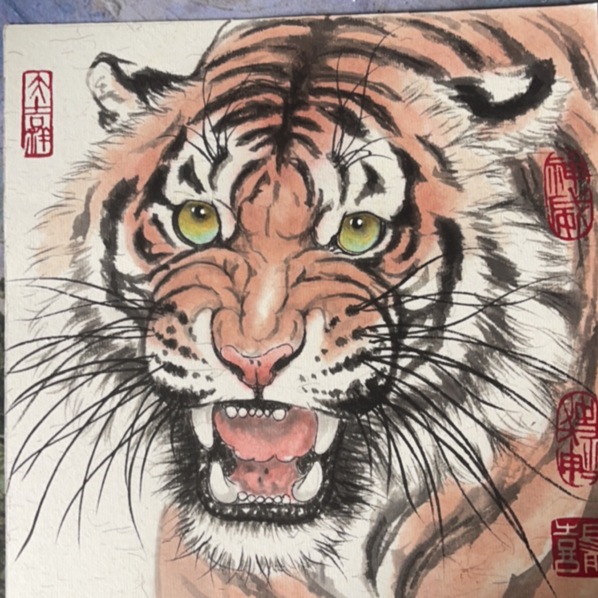 工笔虎国高级实木框装裱画25✖️25（尾款）