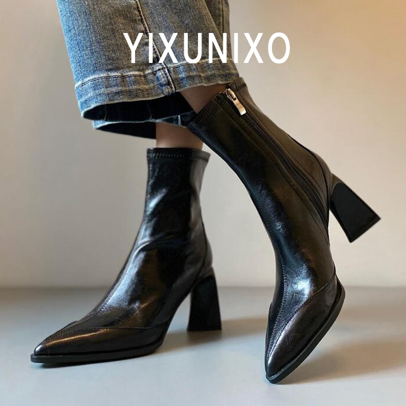 羊皮版~真皮高跟短靴女秋冬加绒瘦瘦靴时尚尖头通勤百搭马丁靴