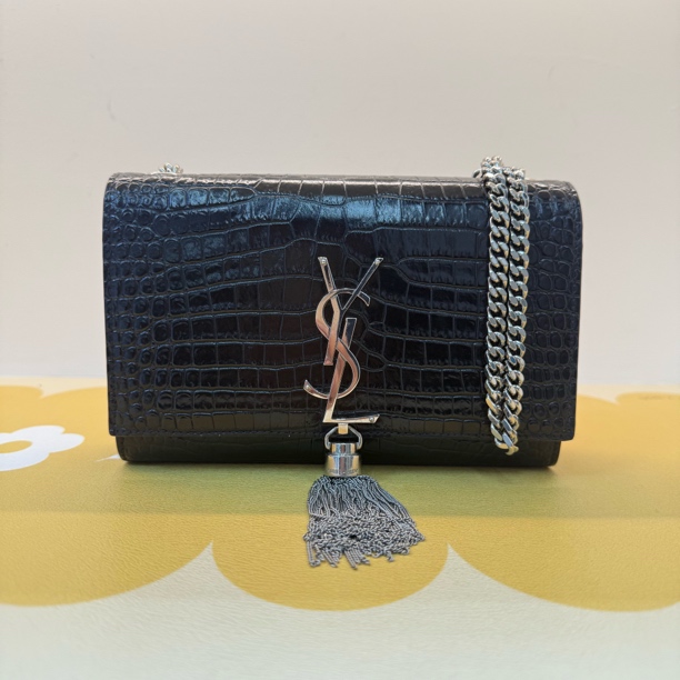 99新 YSL/圣罗兰 Kate鳄压亮面黑银流苏包小号