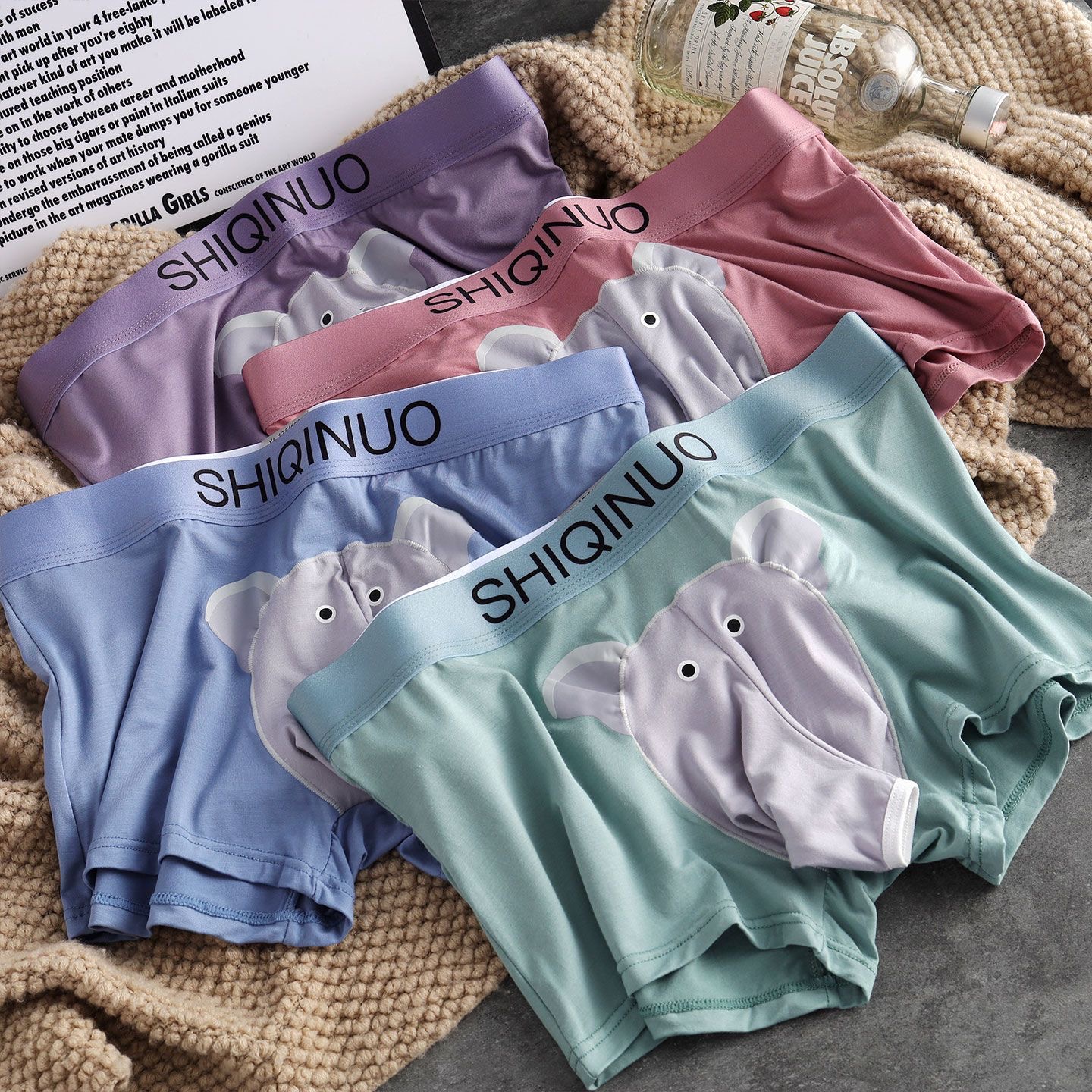 卡通大象图案男士莫代尔弹力透气舒适平角短裤送对象见面礼物