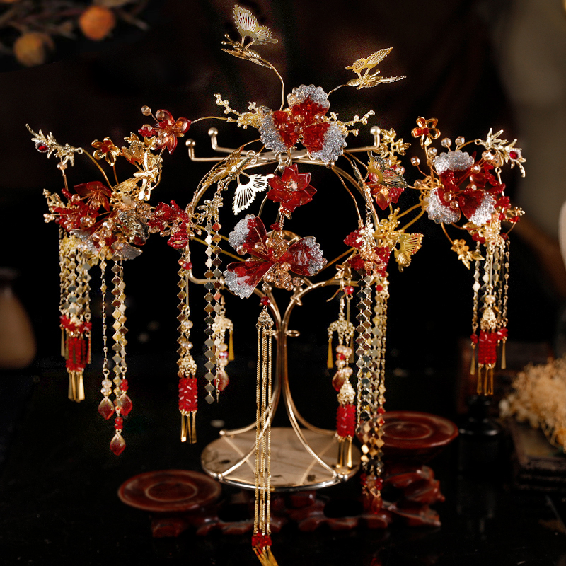 GZ382新娘头饰中式古装结婚发饰金红色造花液花朵古典秀禾发饰