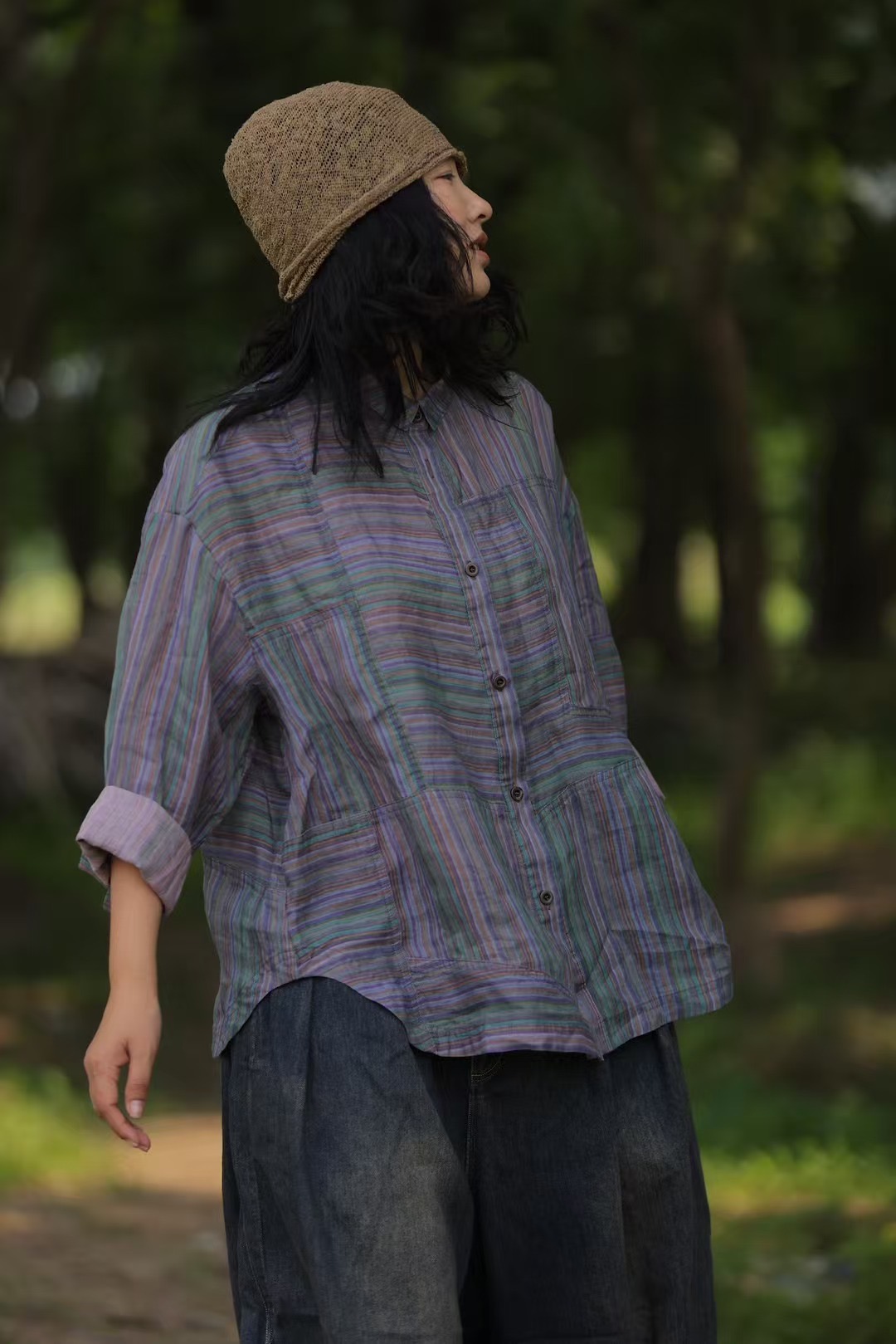 古兰木3648条纹宽松夏季薄款衬衫