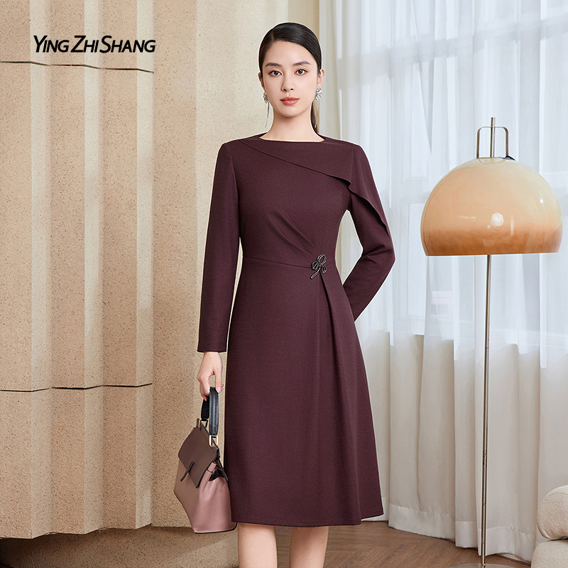 【暮绒映玉】赢智尚高智风通勤战袍！莓果色美利奴羊毛连衣裙ZF03857