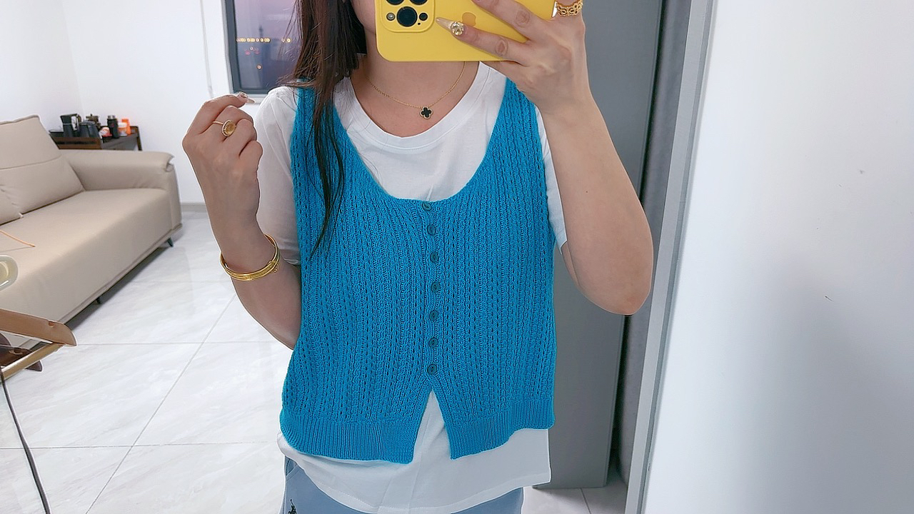 镂空叠穿针织背心V领马甲两件套针织马甲套装糖果色马甲