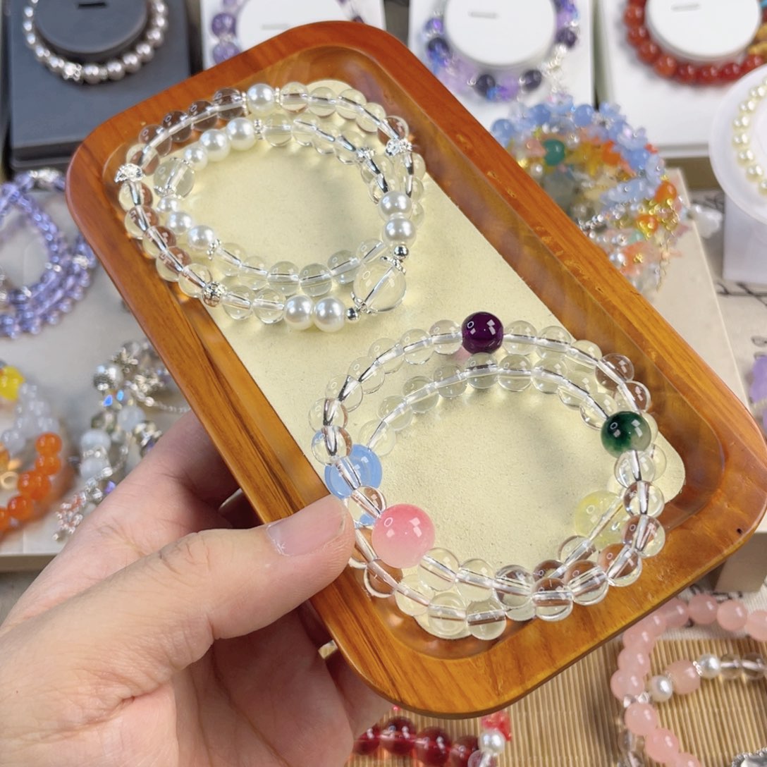 水晶手串银S800镀金镶嵌