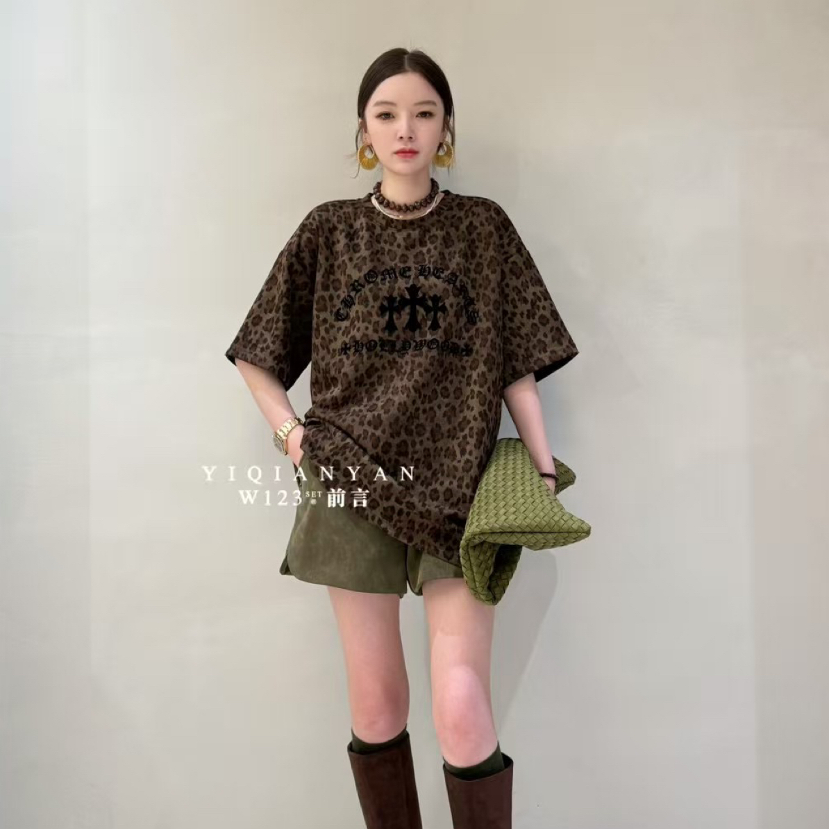 欧货正品豹纹圆领字母印花T恤宽松显瘦女上衣