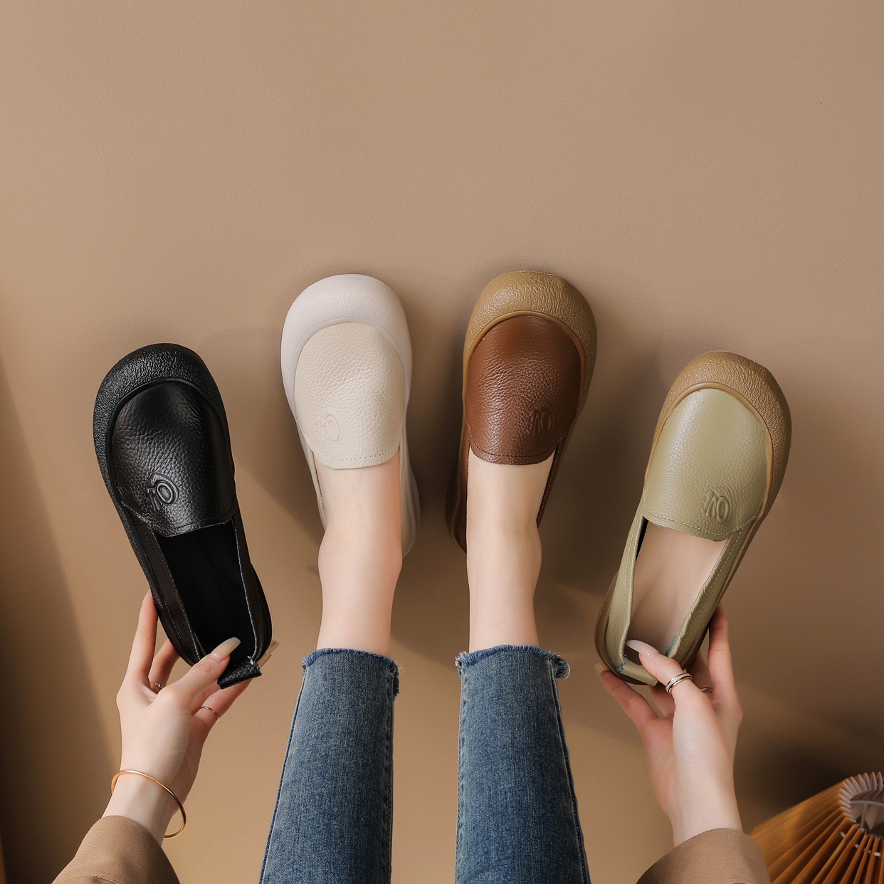 新款春季牛皮防滑单鞋奶奶鞋皮鞋豆豆鞋舒适中老年平底休闲百搭