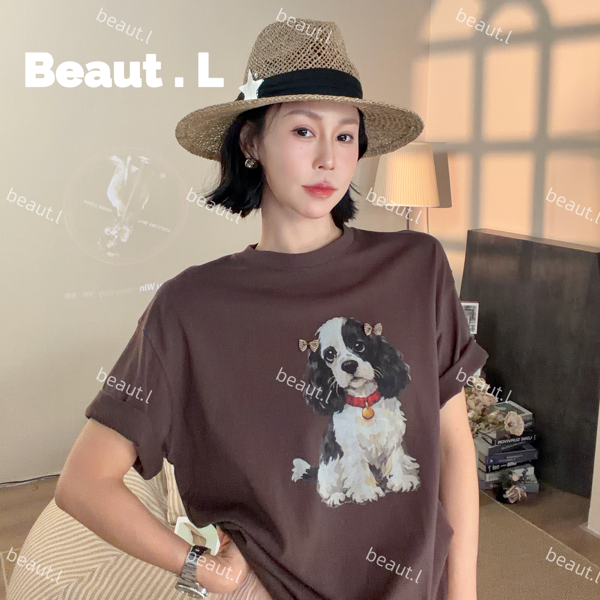 【Beaut.L】卡通大耳狗狗T 宽松显瘦套头圆领t