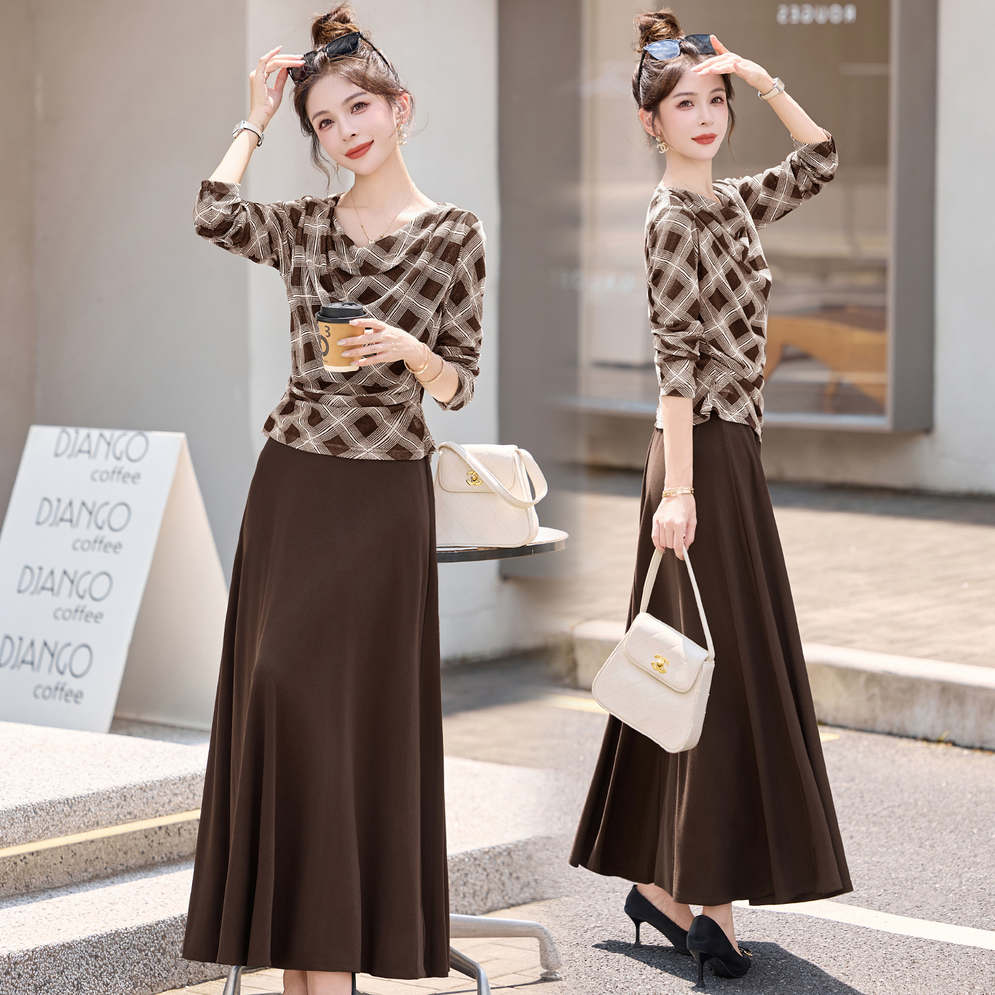设计感格纹撞色套装裙女2025春秋新款名媛风优雅气质半身裙两件套