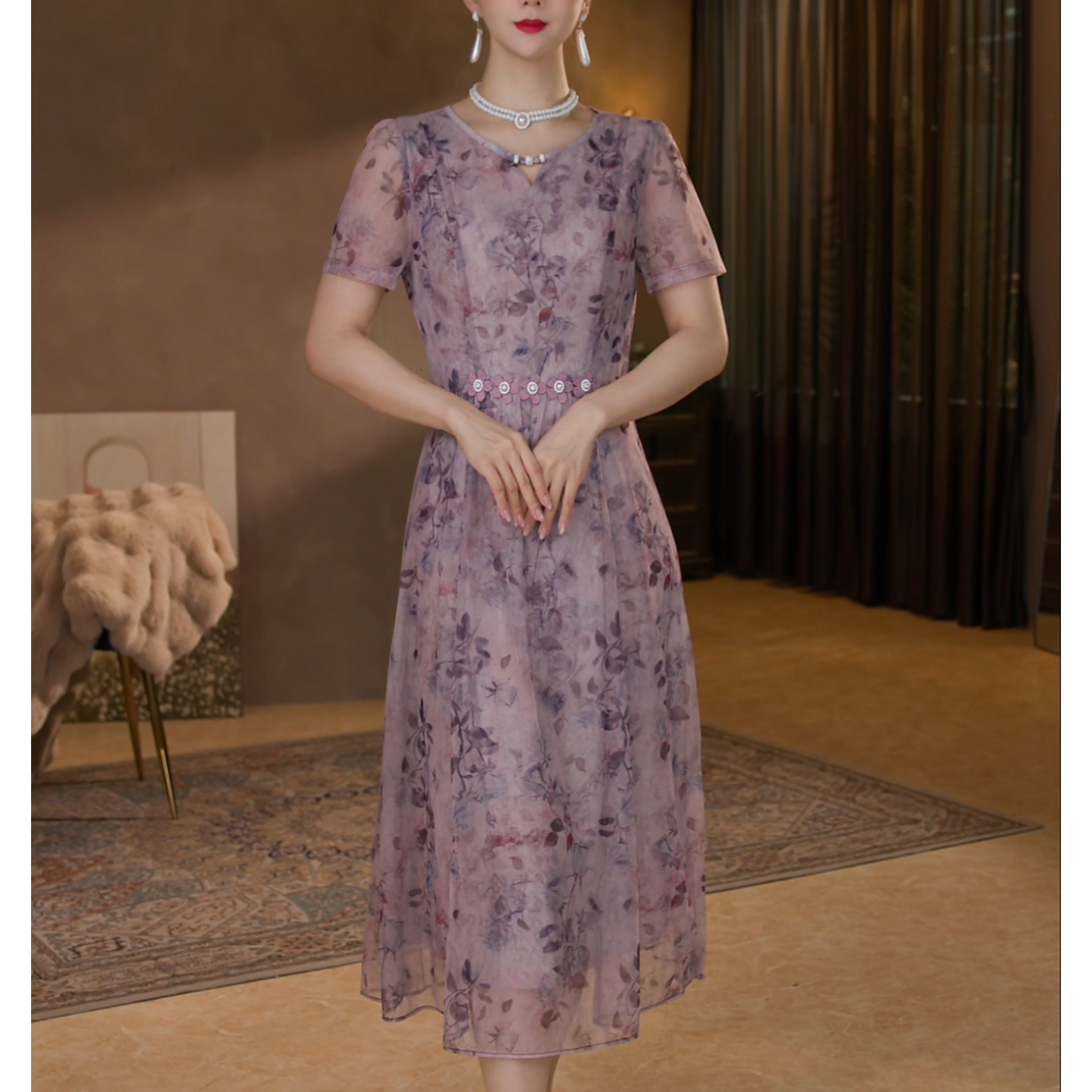 【香妮芬】83358水晶纱水彩画连衣裙2025新款修身复古国风气质洋气